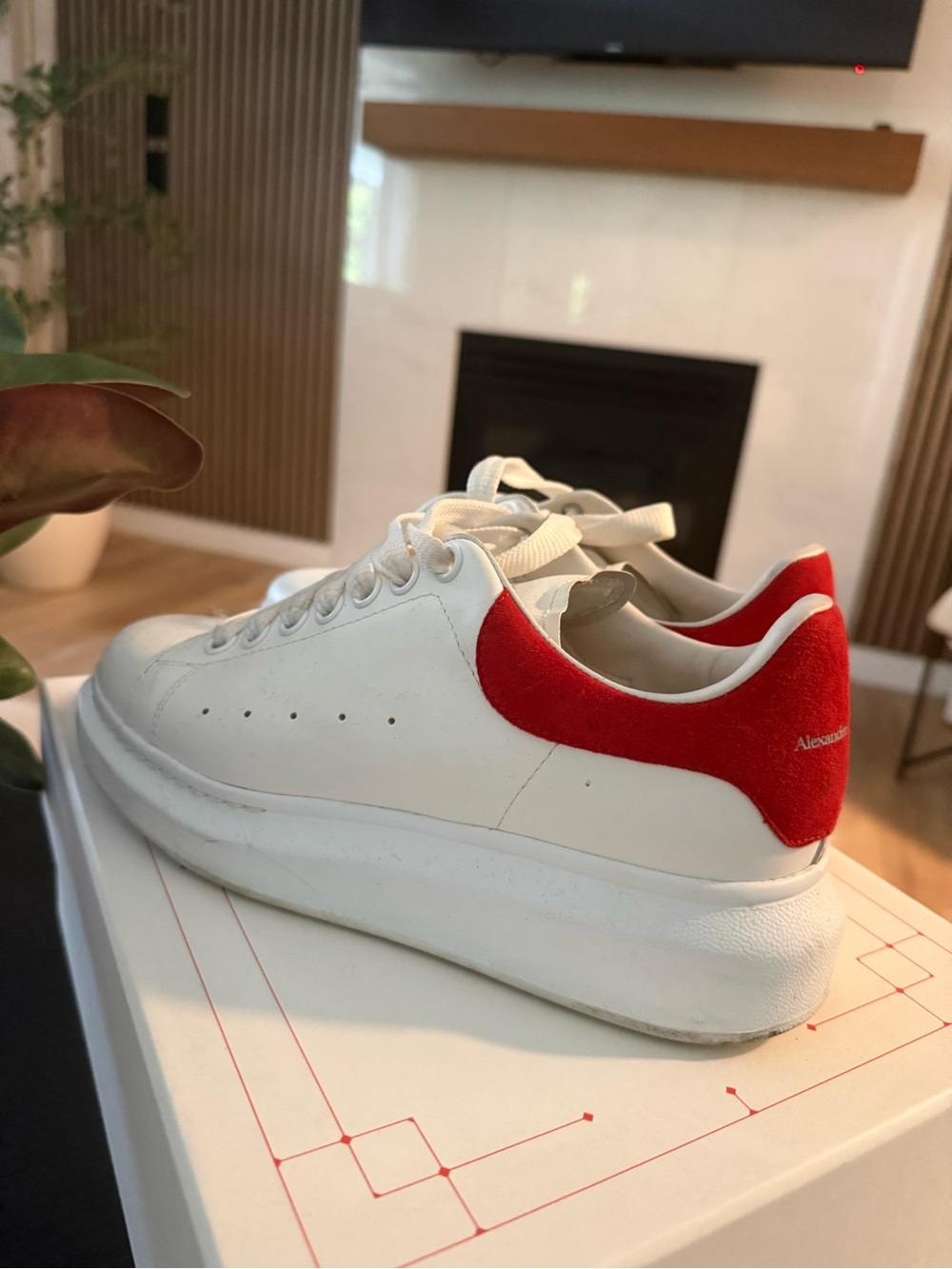 Alexander McQueen White Leather Sneakers with Red Suede Heel